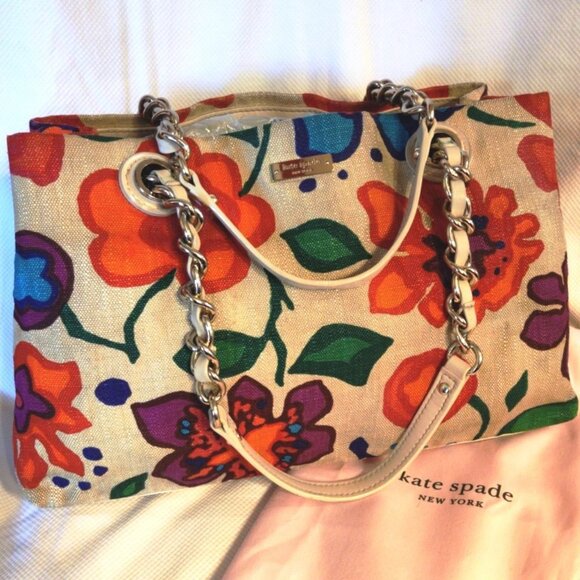 Kate Spade Lg Maryanne Chained Tote in Cream Leather & Linen Fiesta Floral EUC - Picture 1 of 16